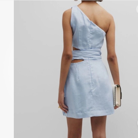 Bondi Born Mytros cutout blue 100% organic linen wrap sash mini dress - Picture 3 of 6